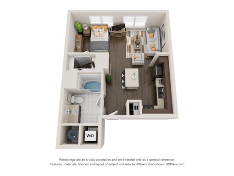 A 3D floor plan of a small apartment with a kitchen, living room, and bathroom.